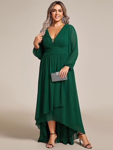Women's Gorgeous Plus Size V Neck Lantern Sleeves Pleated A Line High Low Wedding Guest Dresses 02043-DA