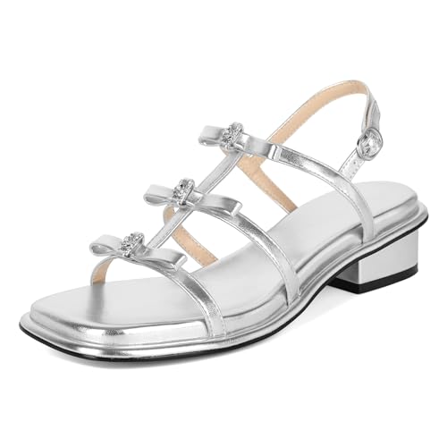 Womens Chunky Block Low Heel Sandals Square Toe Heels Strappy Summer Heeled Sandals Elastic Rhinestone Bow Sandals Cute Casual
