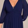 Women's V Neck Long Sleeves A Line Pleated Chiffon Plus Size Maxi Formal Evening Dresses 02235-DA