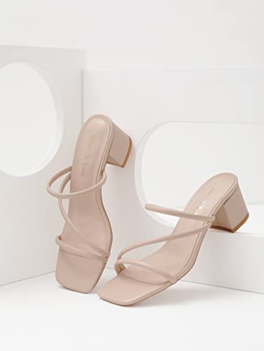 Strappy Heels For Women Low Chunky Block Heel Heeled Sandals Square Open Toe Slip On Slides Mules