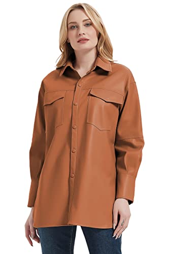 31ryyEIVbLL.jpg Women Faux Leather Shacket Jacket,Spring Fall Vegan Pleather Casual Lapel Button Down Long Sleeve Shirts