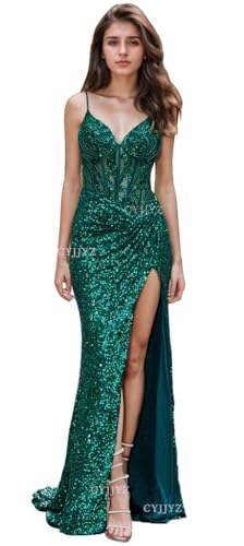 31sLkaL7R1L.jpg Spaghetti Strap Sequin Prom Dresses with Slit 2025 Sparkly Lace Appliques Mermaid Formal Evening Gown for Women