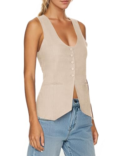 Womens Scoop Neck Blazer Vest Summer Linen Sleeveless Fitted Waistcoat Work Casual Cotton Suit Tops