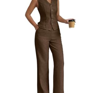 Women's 2 Piece Outfits V Neck Button Down Vest Tops and High Waisted Pants Set Office Work Suit