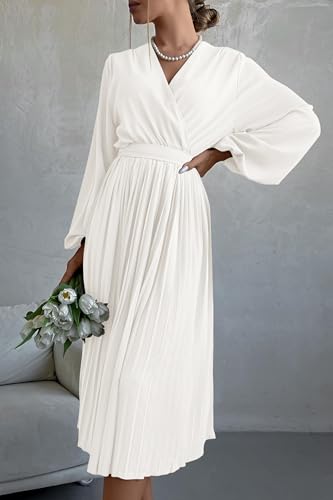 Women's Spring Midi Dress Long Puff Sleeve Wrap V Neck Flowy Ruffle Pleated Casual Fall Dresses