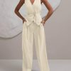 Women's 2 Piece Outfits Sleeveless Tie Waist Suit Vest and Wide Leg Pants Business Casual Blazer Sets