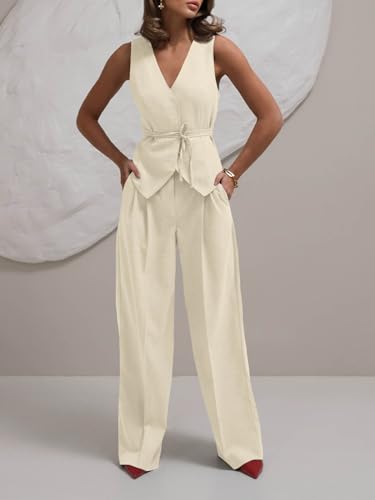 Women's 2 Piece Outfits Sleeveless Tie Waist Suit Vest and Wide Leg Pants Business Casual Blazer Sets