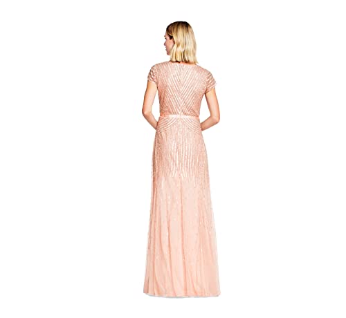 Women's Long Beaded V-Neck Dress with Cap Sleeves and Waistband