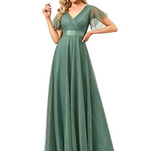 Women's Mother of Bride Dress Double V-Neck Empire Waist Front Wrap Tulle Bridesmaid Dress 07962