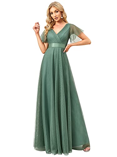 31vf4v6nETL.jpg Women's Mother of Bride Dress Double V-Neck Empire Waist Front Wrap Tulle Bridesmaid Dress 07962