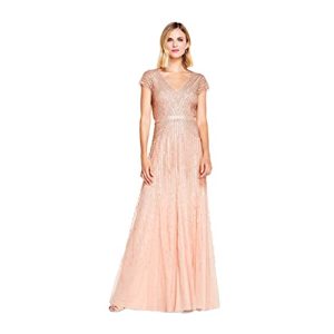 Women's Long Beaded V-Neck Dress with Cap Sleeves and Waistband