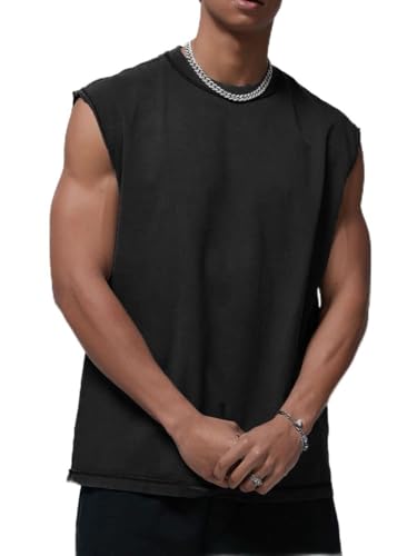 Men's Black Sleeveless Washed Casual Vest Lightweight Muscle Tee for Streetwear Summer OutfitsTank Top