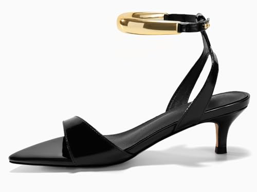Womens Low Kitten Heels Sandals Strappy Pointed Open Toe One Strap Metal Summer Dress Shoes