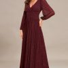 31z-O8hJ8EL.jpg Women's A-Line Long Lantern Sleeves Formal Gowns Empire Waist Long Glitter Evening Dress