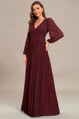 31z-O8hJ8EL.jpg Women's A-Line Long Lantern Sleeves Formal Gowns Empire Waist Long Glitter Evening Dress
