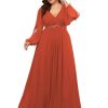 Women's Elegant Floor Length V Neck Lantern Sleeves Floral Applique Plus Size Formal Evening Dresses