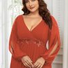 Women's Elegant Floor Length V Neck Lantern Sleeves Floral Applique Plus Size Formal Evening Dresses
