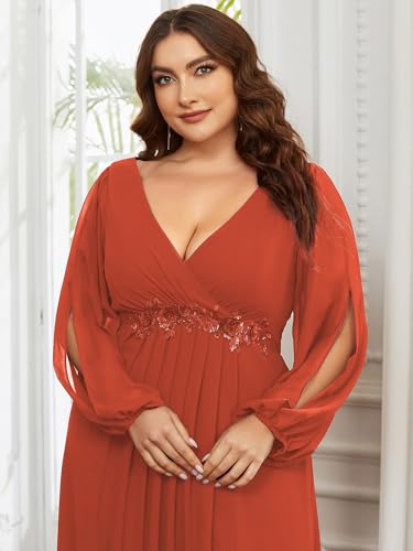 Women's Elegant Floor Length V Neck Lantern Sleeves Floral Applique Plus Size Formal Evening Dresses