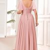 410AuDqcoL.jpg Women's Chiffon Flutter Sleeve Bridesmaid Dress Long with Slit V-Neck Pleated Formal Evening Party Gowns