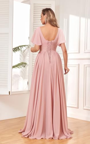 410AuDqcoL.jpg Women's Chiffon Flutter Sleeve Bridesmaid Dress Long with Slit V-Neck Pleated Formal Evening Party Gowns
