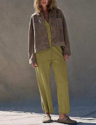 410foWOsUIL.jpg Women's 2025 Sweater Set Sleeveless Button Down Vest Wide Leg Pants 2 Piece Outfits Summer Casual Matching Loungewear