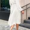 Women's Spring Midi Dress Long Puff Sleeve Wrap V Neck Flowy Ruffle Pleated Casual Fall Dresses