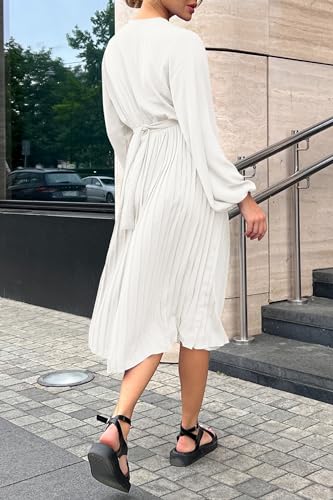 Women's Spring Midi Dress Long Puff Sleeve Wrap V Neck Flowy Ruffle Pleated Casual Fall Dresses