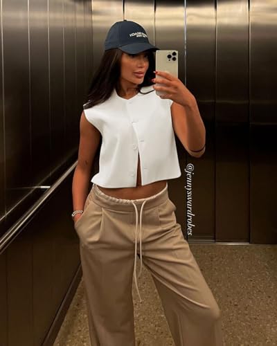 Womens Cropped Cap Sleeve Vest Tank Tops Summer Work Casual Crew Neck Button Down Waistcoats