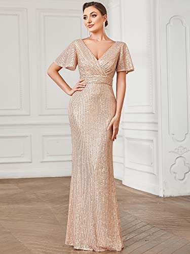 Women's Double V-Neck Flared Sleeves Memaid Sequin Floor Length Evening Dresses 01435