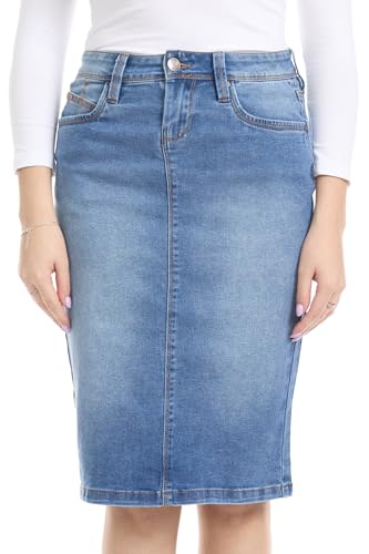 412829u2tqL.jpg Repreve Denim Knee-Length Jean Skirt for Women with Pockets - Melrose