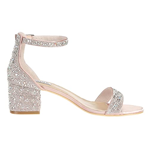 Sparkly Sandals Women Rhinestone Heels Wedding Shoes for Bride Low Block Strappy Heels Gold Glitter
