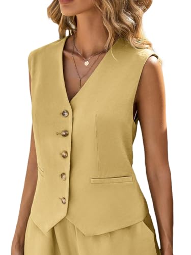 Linen Vest Tops for Women Summer Lihtweight Breathable V-Neck Button Fashion Casual Work Beach Vacation Outerwear