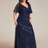 4138W2XtIUL.jpg Women's V Neck Sequin Plus Size Ruffle Sleeves Long Formal Dresses 02120-DAPH