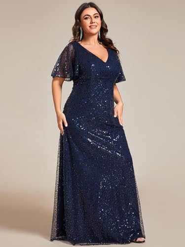 4138W2XtIUL.jpg Women's V Neck Sequin Plus Size Ruffle Sleeves Long Formal Dresses 02120-DAPH