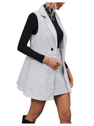Women's 2 Piece Outfit Workwear Plaid Print Lapel Neck Vest Blazer and Skirt Set