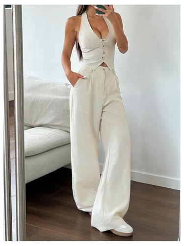Women's 2 Piece Outfits Halter Button Down Vest Crop Tops and High Waisted Pants Set