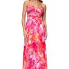 Women's Sleeveless Long Halter V Neck Printed Pleated Spaghetti Strap Dress