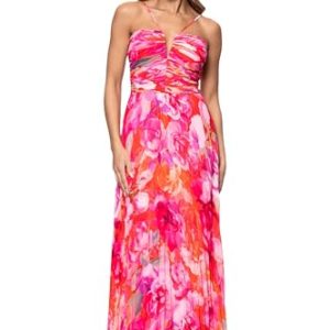 Women's Sleeveless Long Halter V Neck Printed Pleated Spaghetti Strap Dress