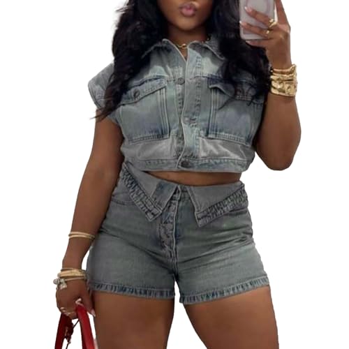 416AS4lNg-L.jpg Women's Denim 2 Piece Outfits Button Down Crop Jacket and Shorts Set Summer Sexy Jeans Tracksuits