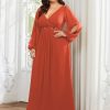 Women's Elegant Floor Length V Neck Lantern Sleeves Floral Applique Plus Size Formal Evening Dresses