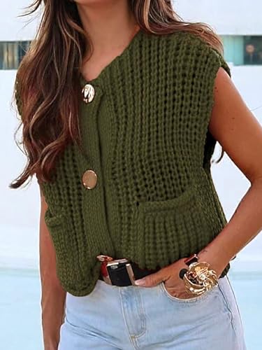 416hxj9rpZL.jpg Women's Sleeveless Cropped Knit Cardigan 2025 Casual Button Down Crochet Sweater Vest Tops with Pockets