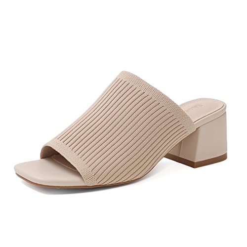 417baysBjLL.jpg Knit Heeled Sandals for Women Square Open Toe Mules Block Low Heel Slip On Slides