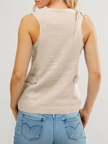 Womens Scoop Neck Blazer Vest Summer Linen Sleeveless Fitted Waistcoat Work Casual Cotton Suit Tops