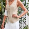 Womens Scoop Neck Blazer Vest Summer Linen Sleeveless Fitted Waistcoat Work Casual Cotton Suit Tops