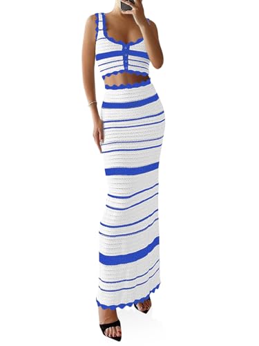 419GDx6aRXL.jpg Womens 2 Piece Sets Summer Striped Crochet Knit Coverup Sleeveless Button Crop Tank Top Bodycon Maxi Skirt