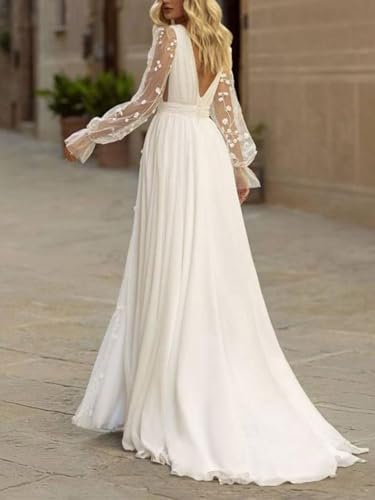 419nZXOg9xL.jpg Long Sleeves Wedding Dresses for Bride Lace Chiffon A Line Long Beach Bridal Dress for Women