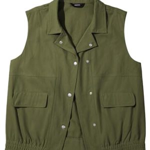 Womens Vests 2025 Fall Outerwear Button-Down Lapel Collar Elastic Hem Sleeveless Jacket Cargo Vest
