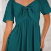 41AvLNhS0L.jpg Summer Dress for Women 2025 Casual Short Sleeve Bow Tie V Neck Ruffle Midi Flowy Dresses