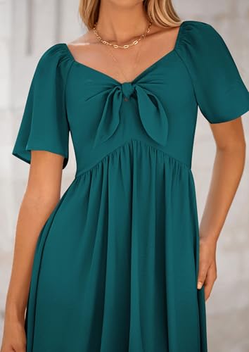 41AvLNhS0L.jpg Summer Dress for Women 2025 Casual Short Sleeve Bow Tie V Neck Ruffle Midi Flowy Dresses