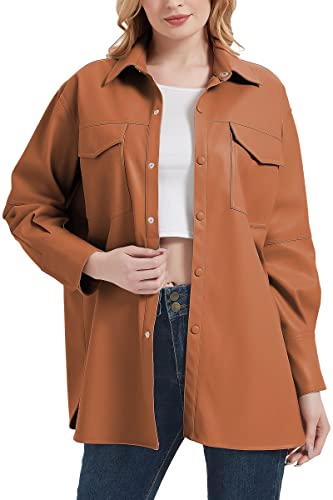 41Br02CyBiL.jpg Women Faux Leather Shacket Jacket,Spring Fall Vegan Pleather Casual Lapel Button Down Long Sleeve Shirts
